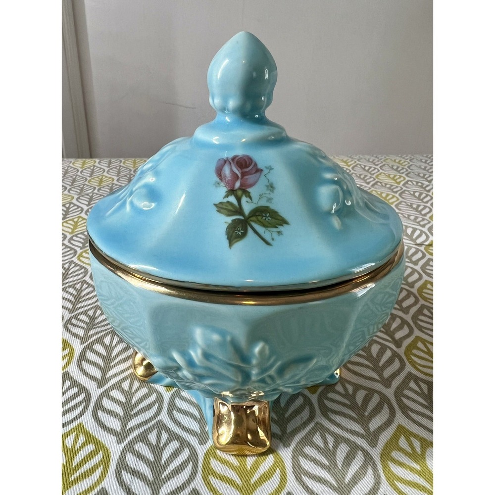 Vintage MCM House of Fuller Footed Blue Porcelain Sugar Bowl / Candy Dish w/ lid